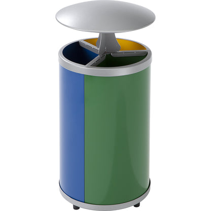 Recyclable waste collector, round, capacity 3 x 30 l, HxØ 950 x 420 mm, with hood, yellow, blue, green.