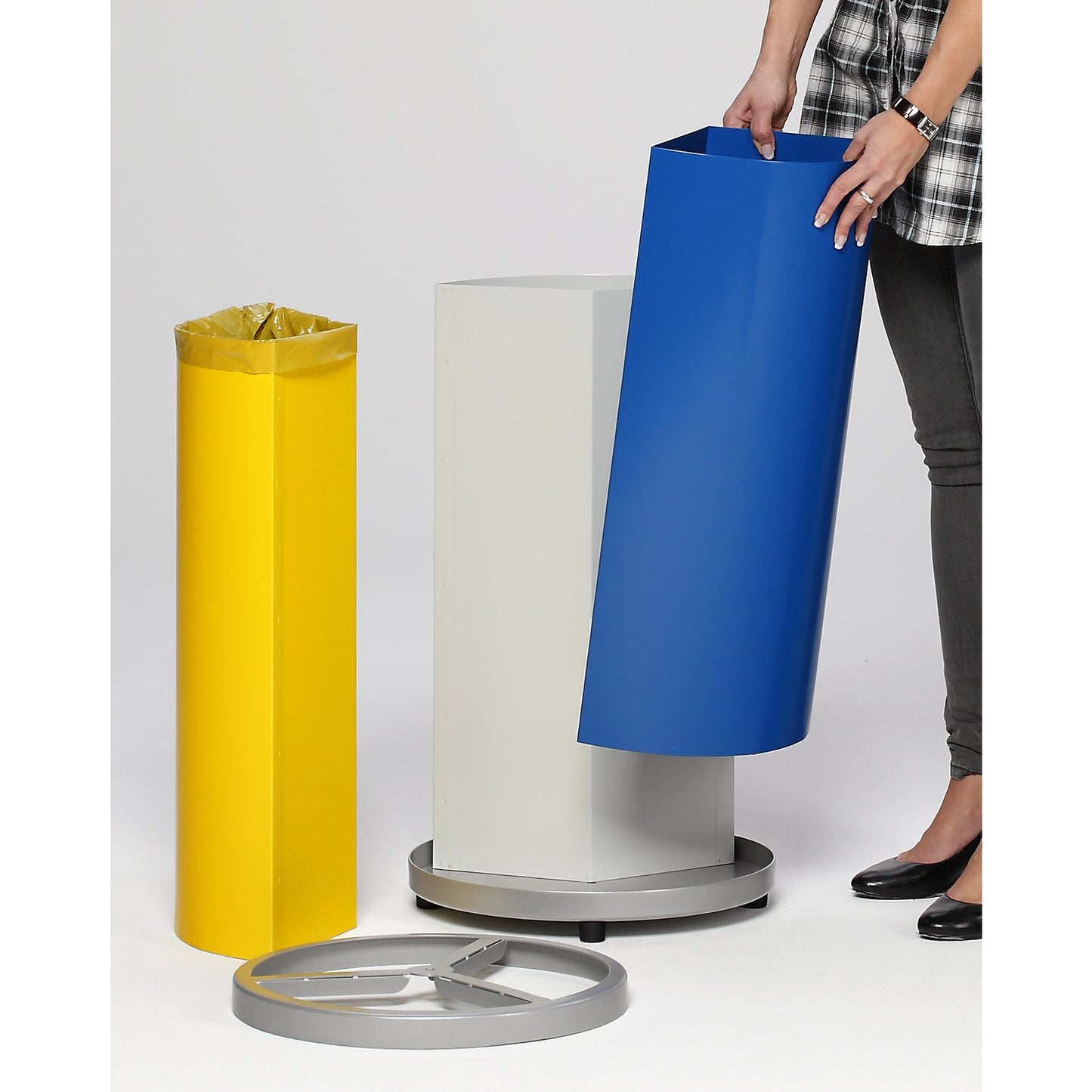 Recyclable waste collector, round, capacity 3 x 30 l, HxØ 720 x 420 mm, yellow, blue, grey.