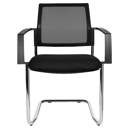 Mesh stacking chair, cantilever chair, pack of 2, black seat, chrome frame.