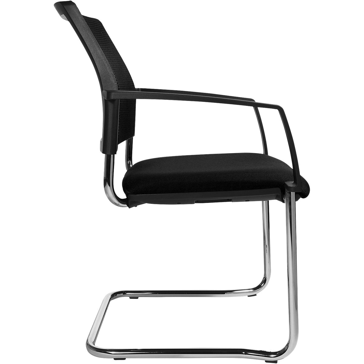 Mesh stacking chair, cantilever chair, pack of 2, black seat, chrome frame.
