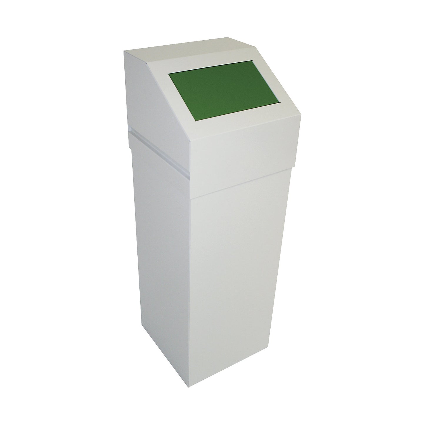 Steel recyclable waste collector, capacity 65 l, with green lid.