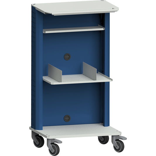 Laptop / equipment trolley, with additional shelf, 2 book rests, grey / blue.