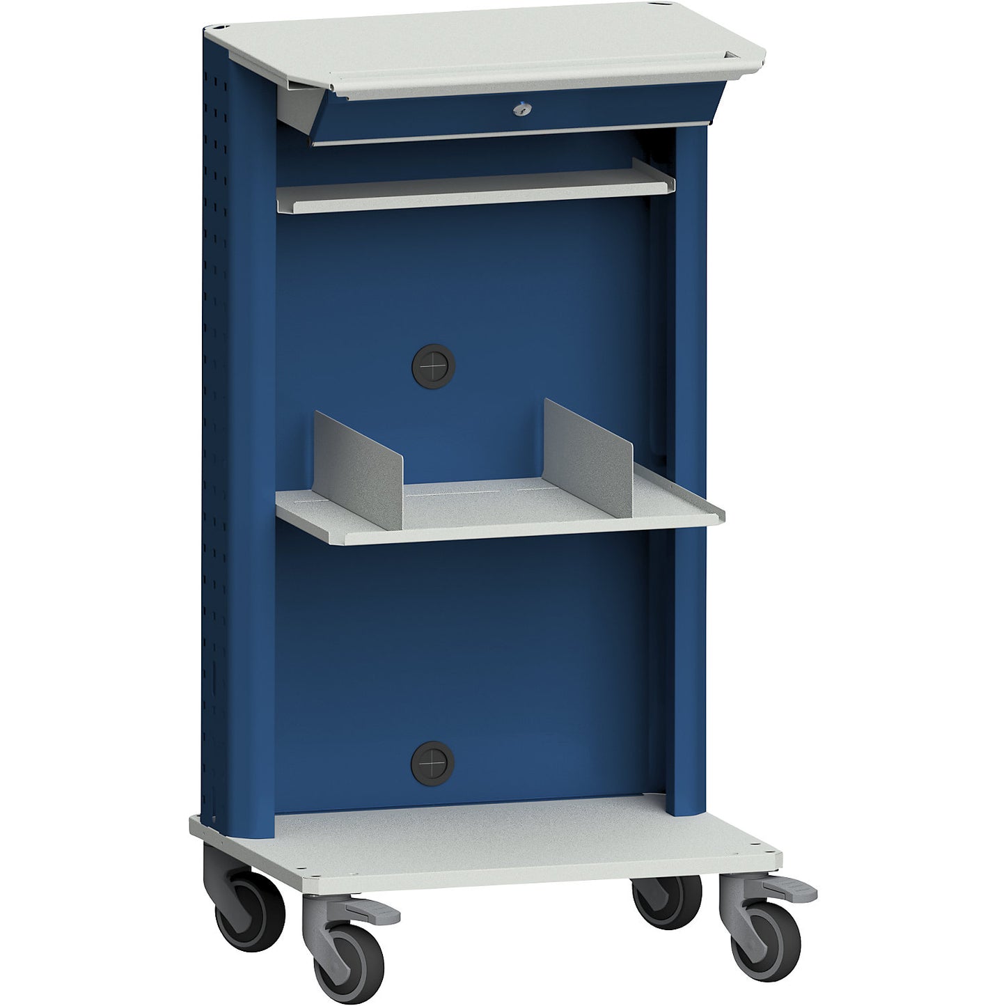 Laptop / equipment trolley, with laptop compartment, additional shelf, grey / blue.