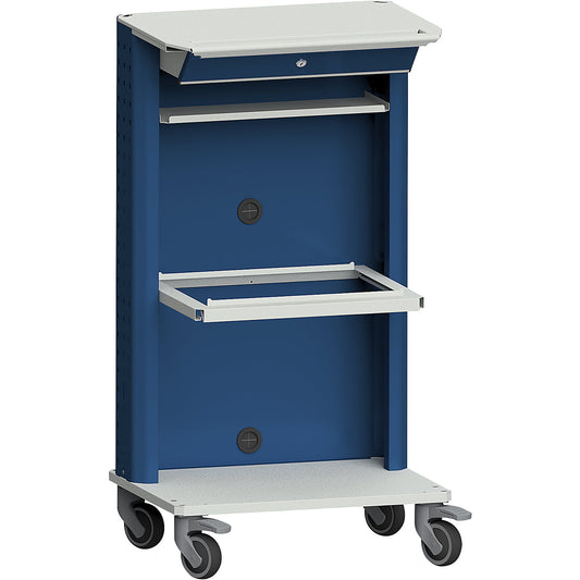 Laptop / equipment trolley, with laptop compartment, suspension file drawer, grey / blue.