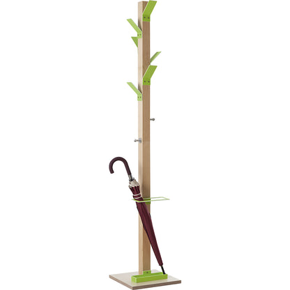 Coat stand, solid wood, with umbrella stand and drip tray, green head.