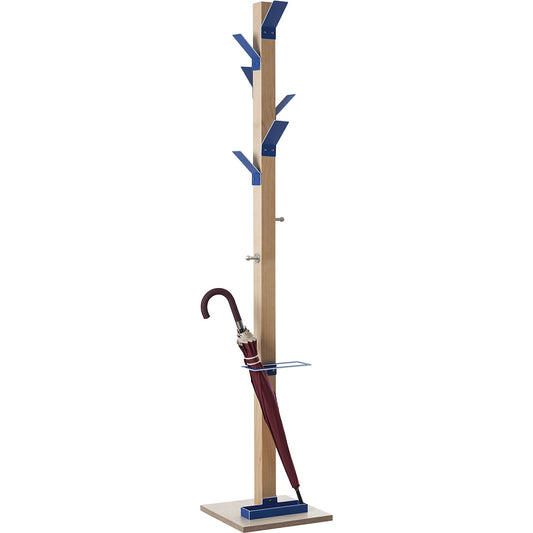 Coat stand, solid wood, with umbrella stand and drip tray, blue head.