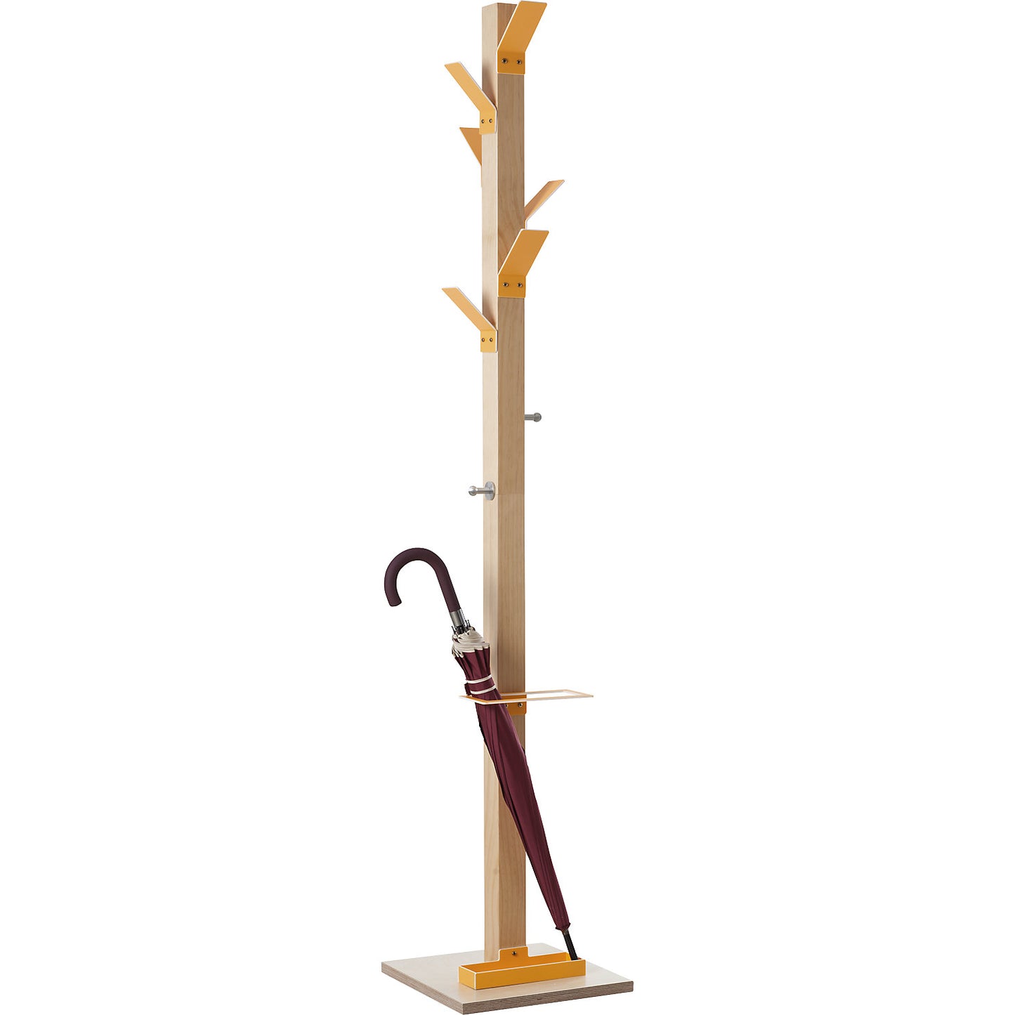 Coat stand, solid wood, with umbrella stand and drip tray, orange head.
