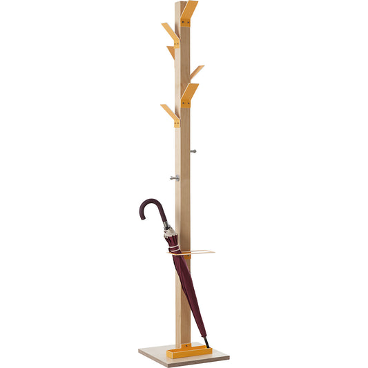 Coat stand, solid wood, with umbrella stand and drip tray, orange head.
