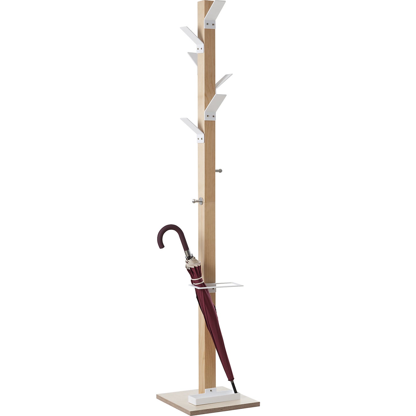Coat stand, solid wood, with umbrella stand and drip tray, white head.
