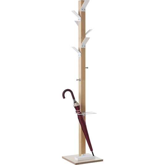 Coat stand, solid wood, with umbrella stand and drip tray, white head.