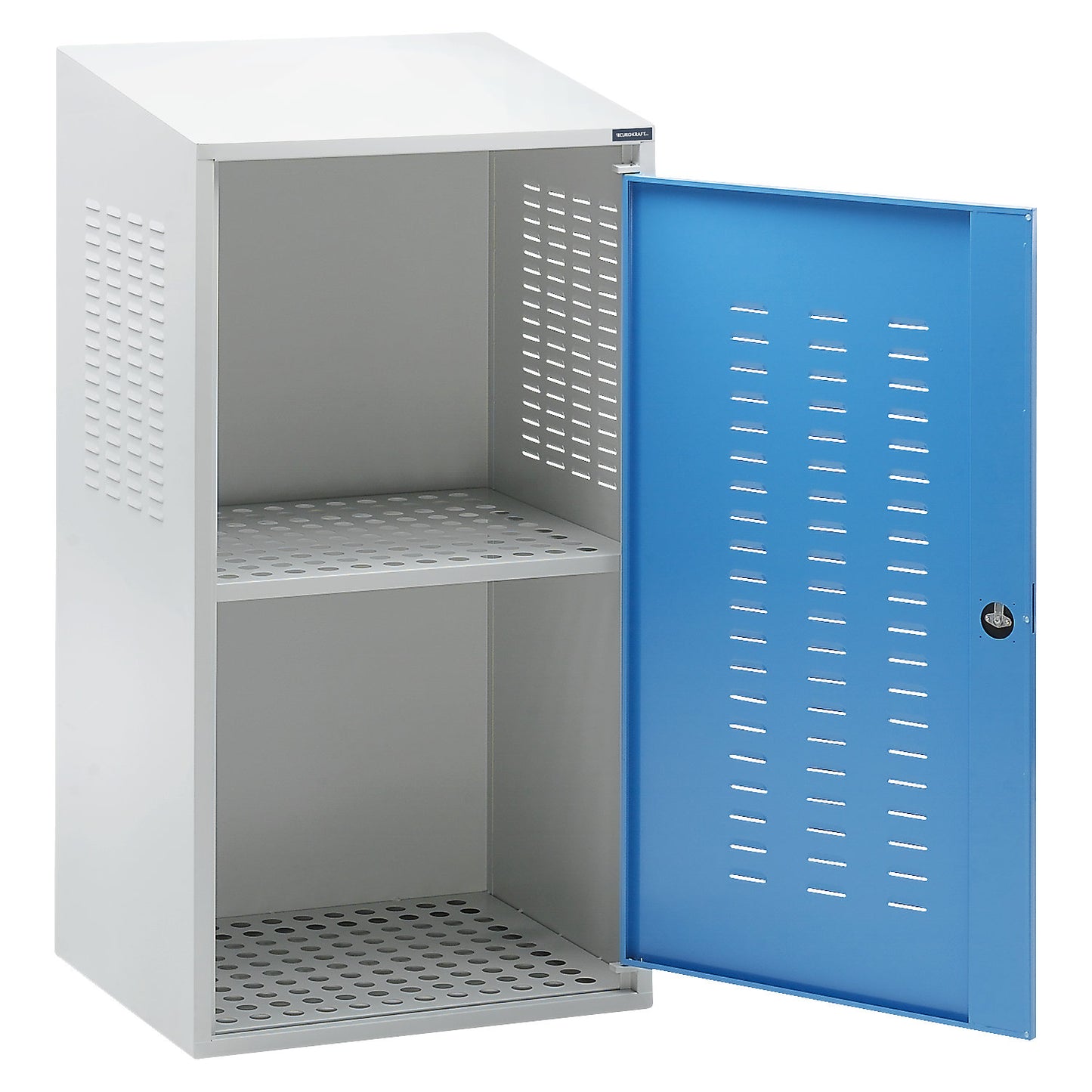 Gas cylinder cupboard, 1 door, height at back 1600 mm, front 1500 mm.