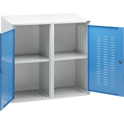 Gas cylinder cupboard, 2 doors, height at back 1600 mm, front 1500 mm.
