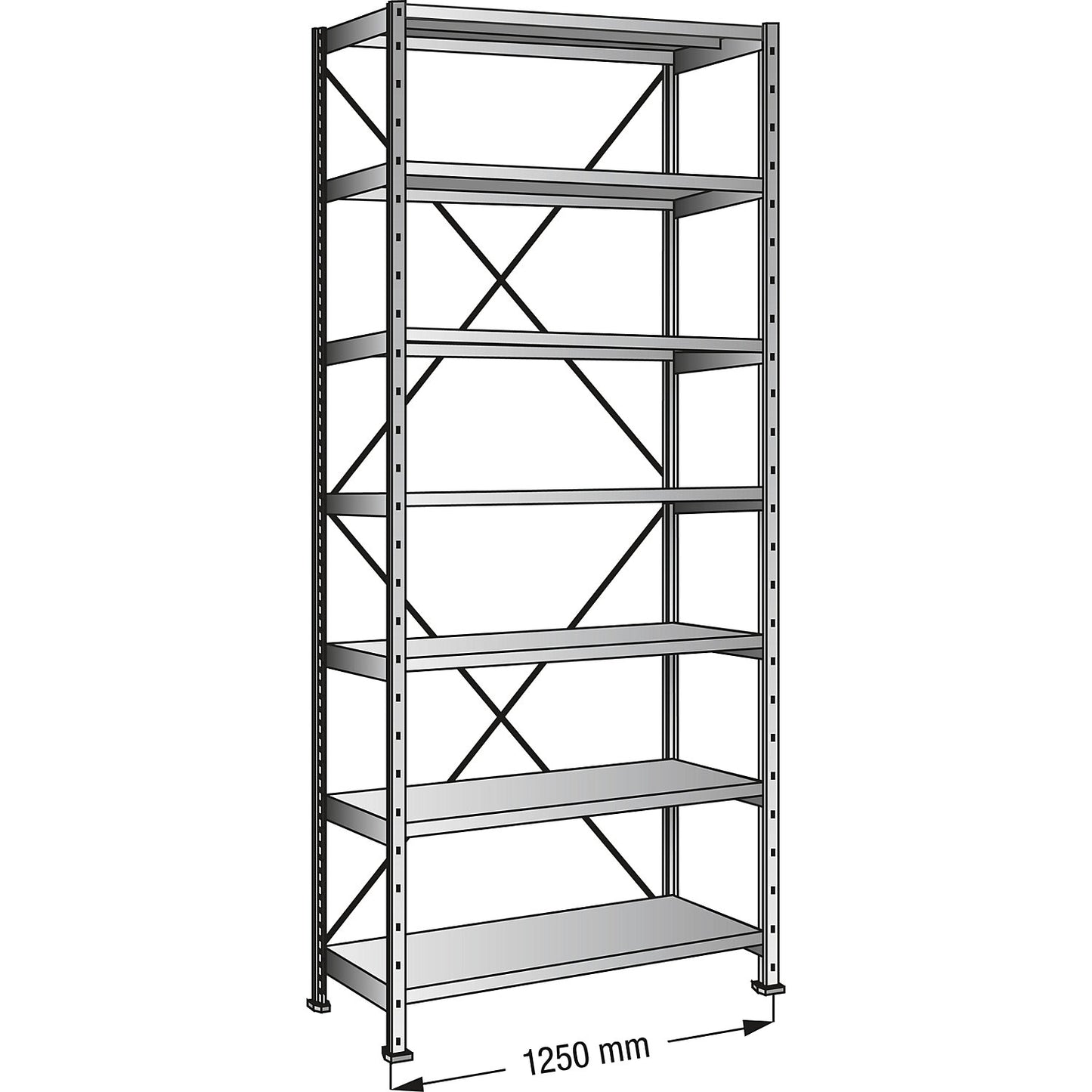 Boltless industrial and storage shelving unit, h 2640 mm, shelf width 1200 mm, 7 shelves, depth 600 mm, standard shelf unit.