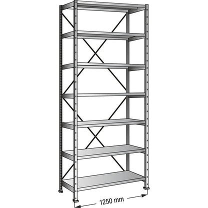 Boltless industrial and storage shelving unit, h 2640 mm, shelf width 1200 mm, 7 shelves, depth 700 mm, standard shelf unit.