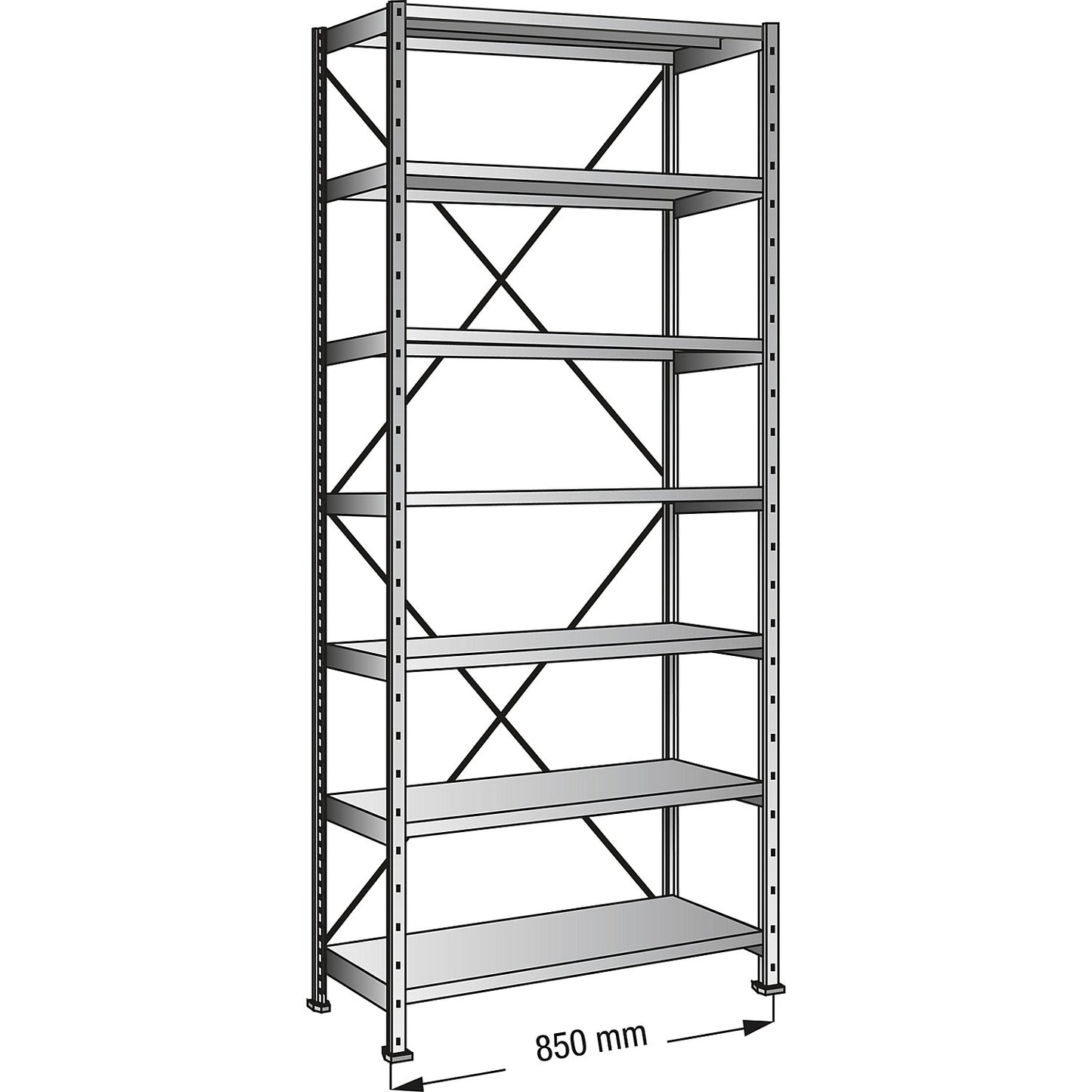 Boltless industrial and storage shelving unit, h 3000 mm, shelf width 800 mm, 7 shelves, depth 700 mm, standard shelf unit.
