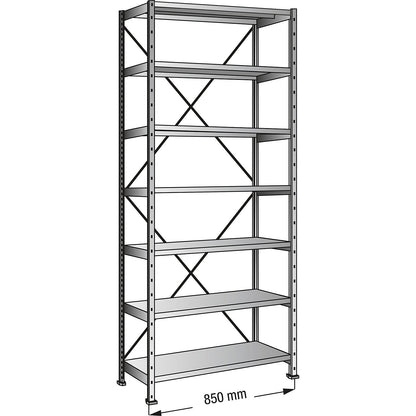 Boltless industrial and storage shelving unit, h 3000 mm, shelf width 800 mm, 7 shelves, depth 800 mm, standard shelf unit.