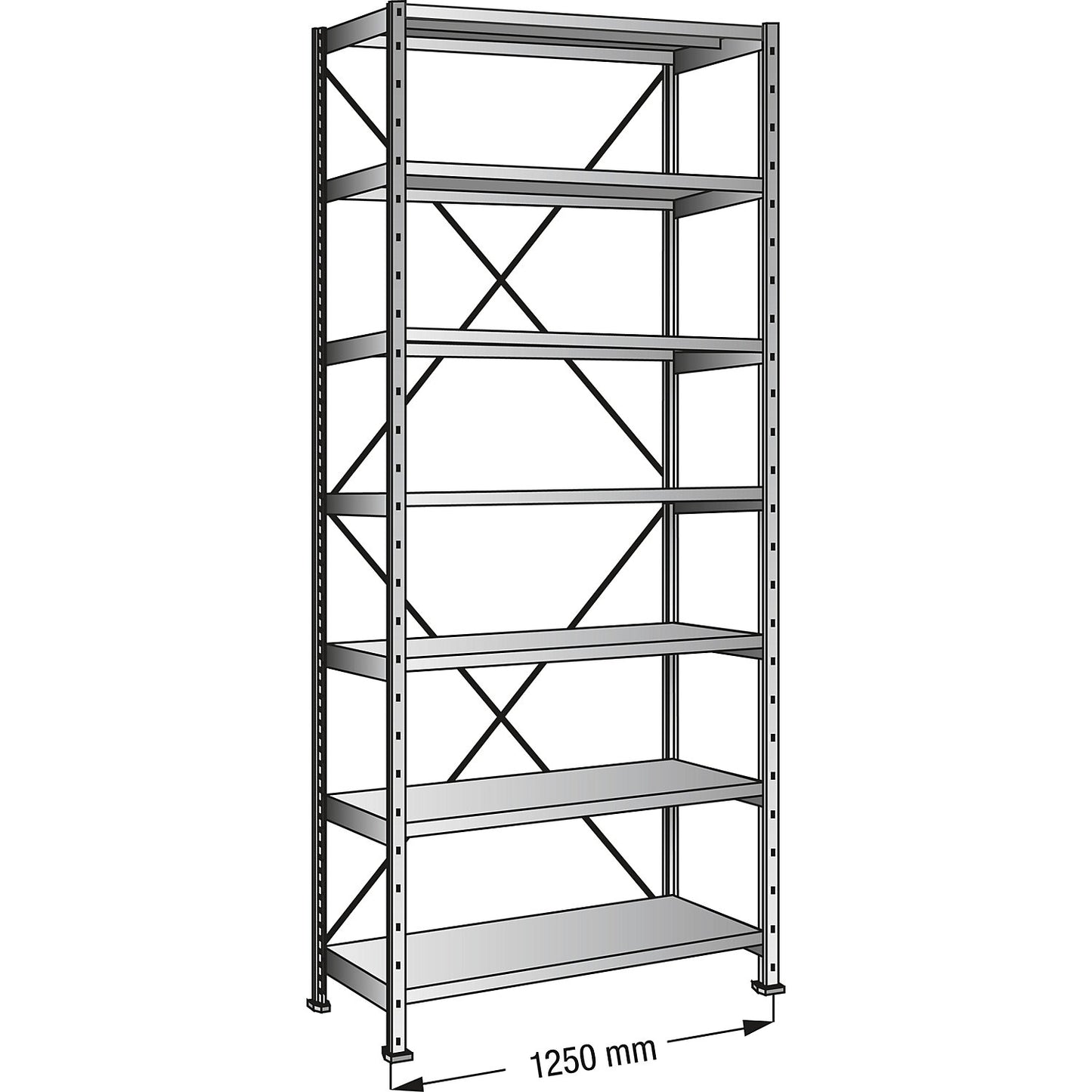 Boltless industrial and storage shelving unit, h 3000 mm, shelf width 1200 mm, 7 shelves, depth 500 mm, standard shelf unit.
