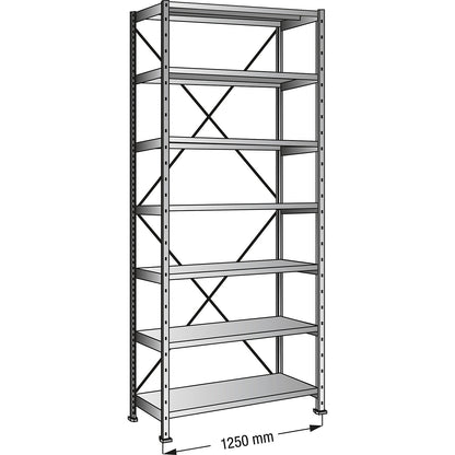 Boltless industrial and storage shelving unit, h 3000 mm, shelf width 1200 mm, 7 shelves, depth 500 mm, standard shelf unit.