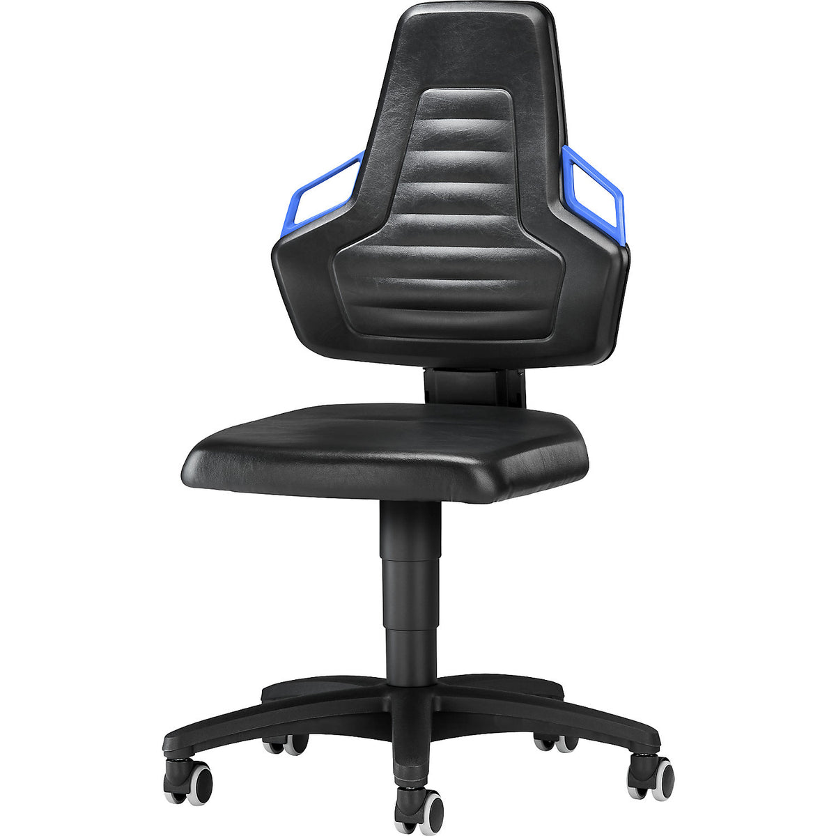 Industrial swivel chair with handles, gas lift height adjustment, with castors, vinyl.