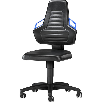 Industrial swivel chair with handles, gas lift height adjustment, with castors, vinyl.