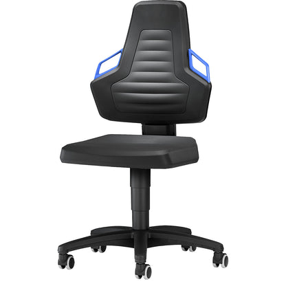 Industrial swivel chair with handles, gas lift height adjustment, with castors, PU foam.