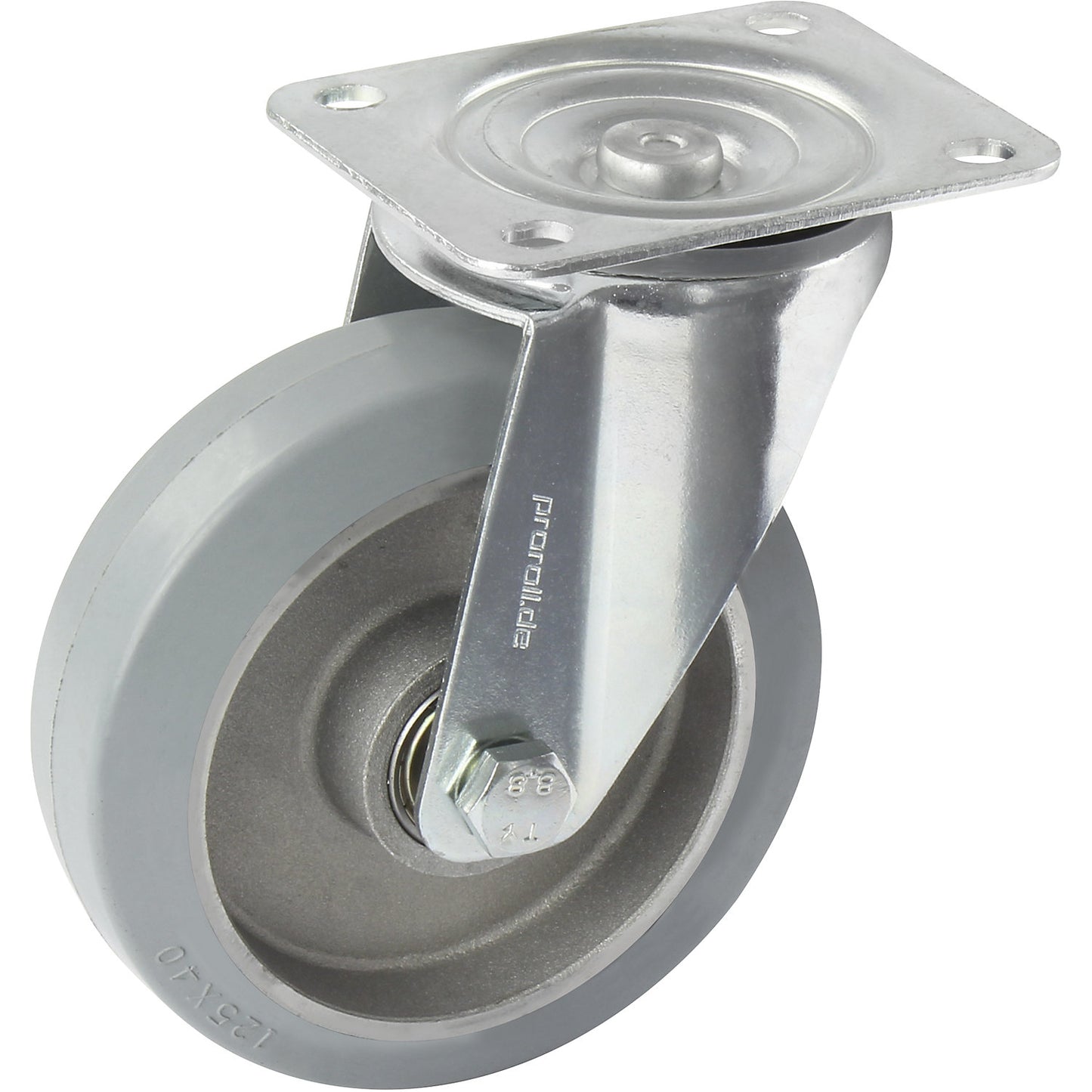 Elastic solid rubber tyre, grey, wheel Ø x width 100 x 40 mm, spoke rim, swivel castor.