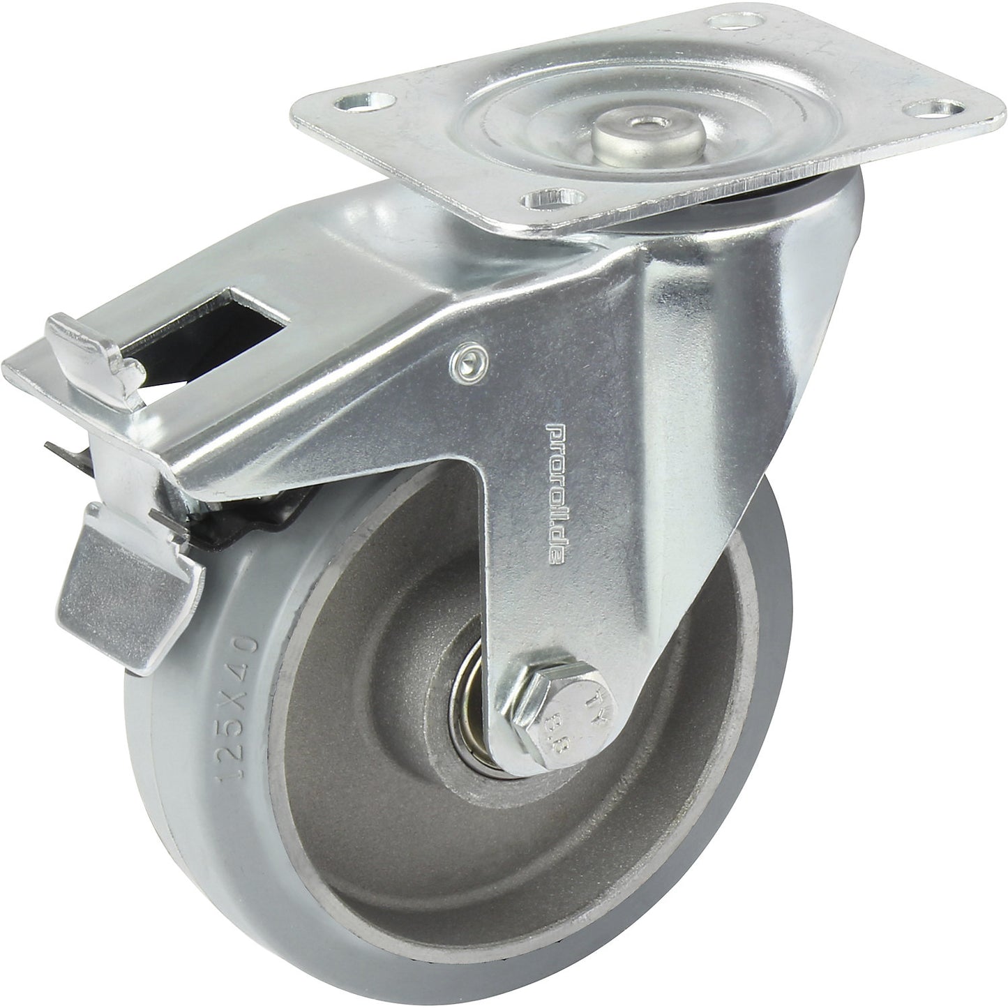 Elastic solid rubber tyre, grey, wheel Ø x width 100 x 40 mm, spoke rim, swivel castor with double stop.