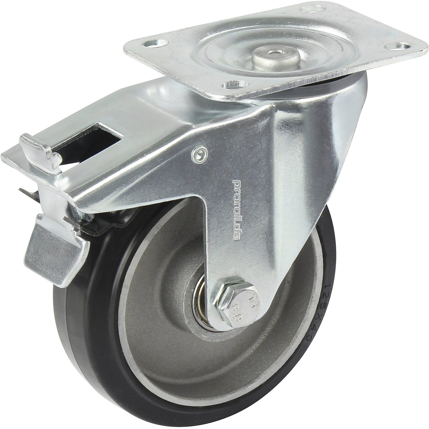 Elastic solid rubber tyre, black, wheel Ø x width 80 x 38 mm, swivel castor with double stop.