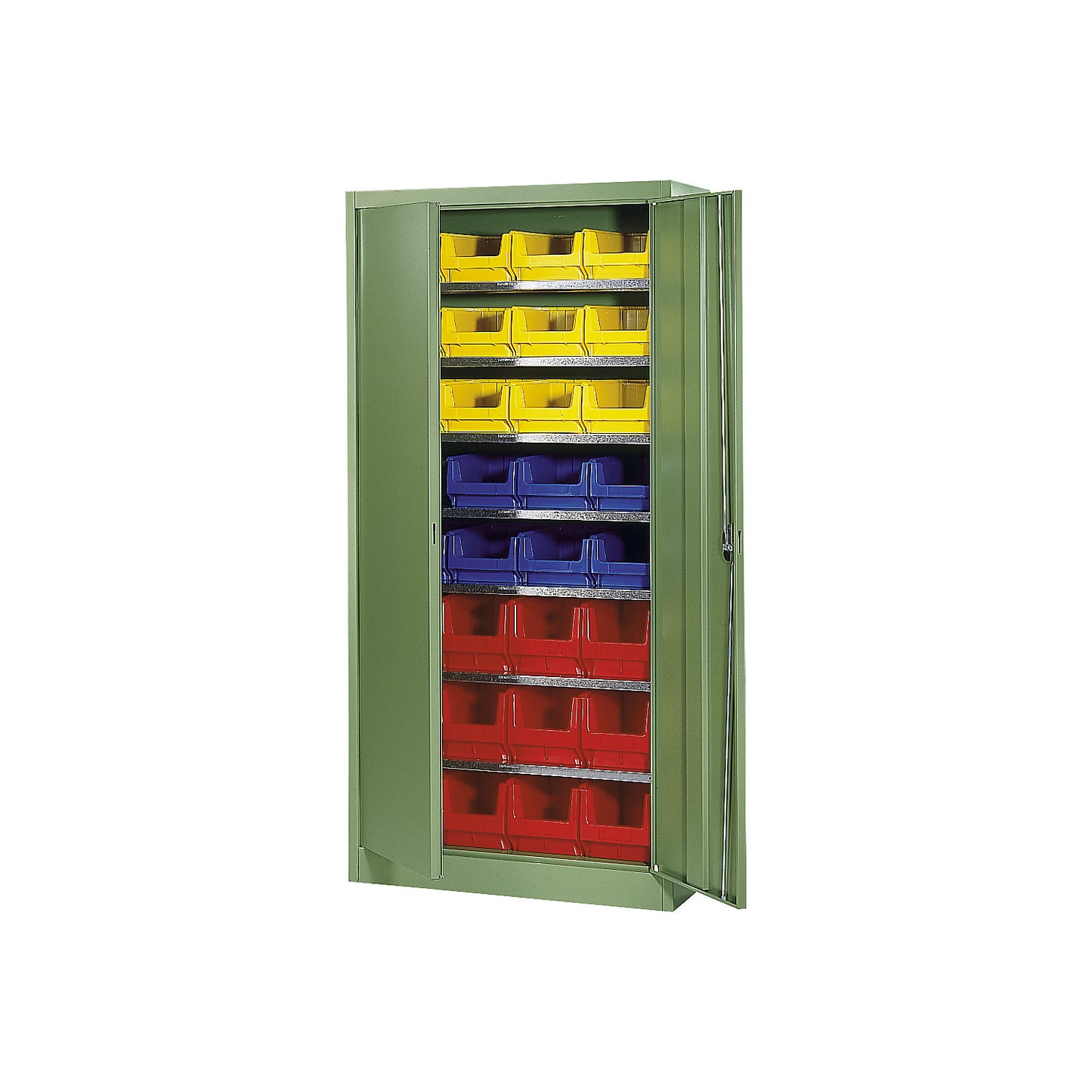 Storage cupboard, single colour, with 32 open fronted storage bins, 7 shelves, green.