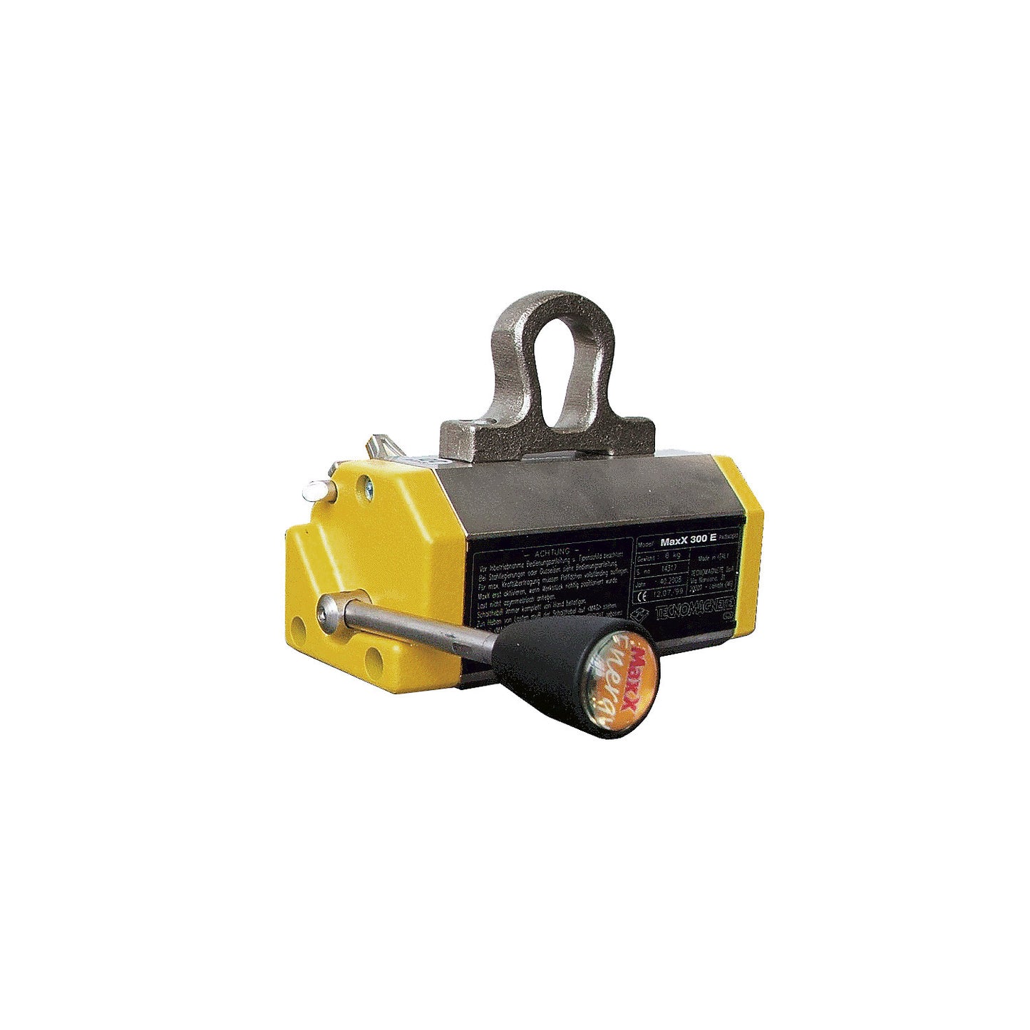 Stationary lifting magnet, for flat and round material, lifting capacity 600 kg for flat material, 250 kg for round material.