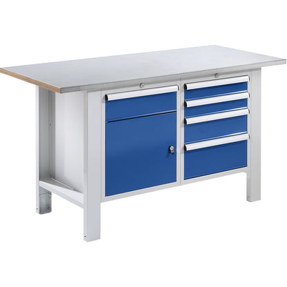Workbench, modular system, worktop width 1500 mm, 5 drawers, 1 door, sheet steel covered worktop.