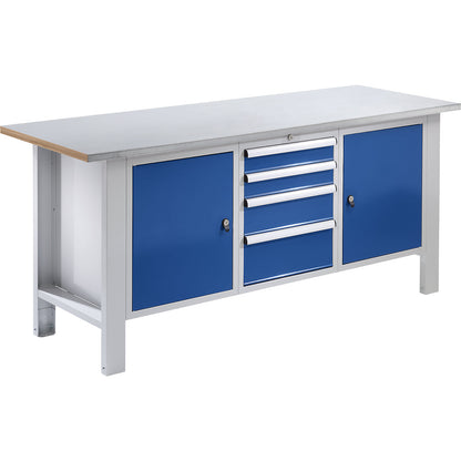 Workbench, modular system, worktop width 1850 mm, 4 drawers, 2 doors, sheet steel covered worktop.