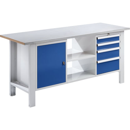 Workbench, modular system, worktop width 1850 mm, 4 drawers, 1 door, sheet steel covered worktop.