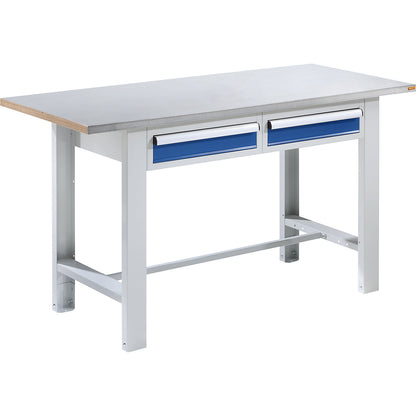 Workbench, modular system, worktop width 1500 mm, 2 drawers, sheet steel covered worktop.