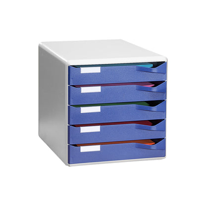 Storage unit, mail and form set, housing: grey, blue drawers, 5 drawers.
