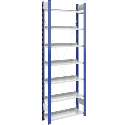 Boltless file shelving unit, single sided, height 2350 mm, WxD 750 x 300 mm, standard shelf unit, blue / grey.