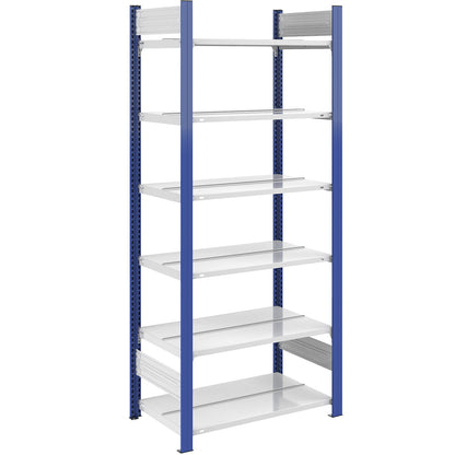 Boltless file shelving unit, double sided, height 2000 mm, WxD 750 x 600 mm, standard shelf unit, blue / grey.