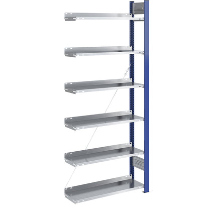 Boltless file shelving unit, single sided, height 2000 mm, WxD 750 x 300 mm, extension shelf unit, blue / zinc plated.
