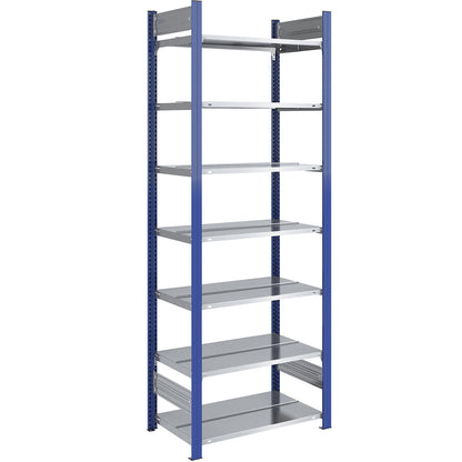 Boltless file shelving unit, double sided, height 2350 mm, WxD 750 x 600 mm, standard shelf unit, blue / zinc plated.