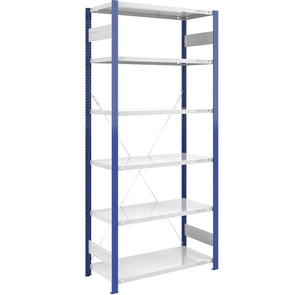 Boltless shelving unit, light duty, single-sided, HxWxD 2500 x 1000 x 600 mm, blue/grey, standard shelf unit.