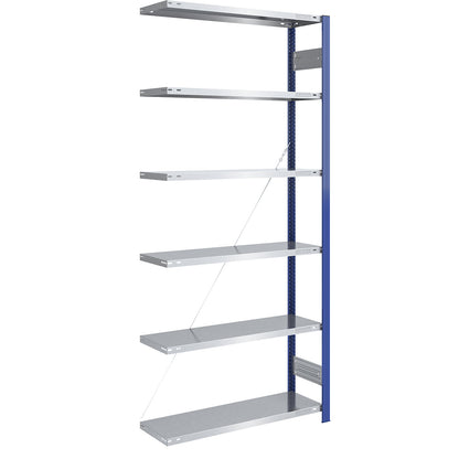Boltless shelving unit, light duty, single-sided, HxWxD 2500 x 1000 x 400 mm, blue/zinc plated, extension shelf unit.