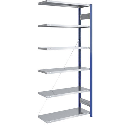 Boltless shelving unit, light duty, single-sided, HxWxD 2500 x 1000 x 500 mm, blue/zinc plated, extension shelf unit.
