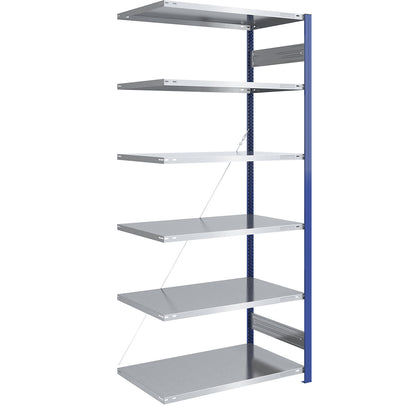 Boltless shelving unit, light duty, single-sided, HxWxD 2500 x 1000 x 800 mm, blue/zinc plated, extension shelf unit.