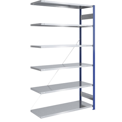 Boltless shelving unit, light duty, single-sided, HxWxD 2500 x 1300 x 600 mm, blue/zinc plated, extension shelf unit.