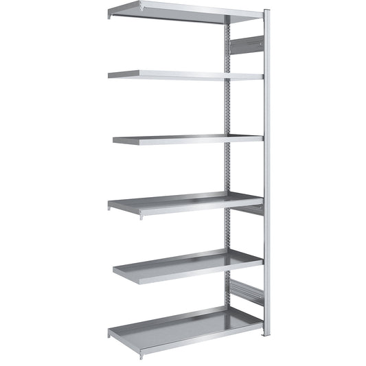 Tray shelf unit, zinc plated steel, double-sided, h 2500 mm, tray WxD 1000 x 600 mm, extension shelf unit.