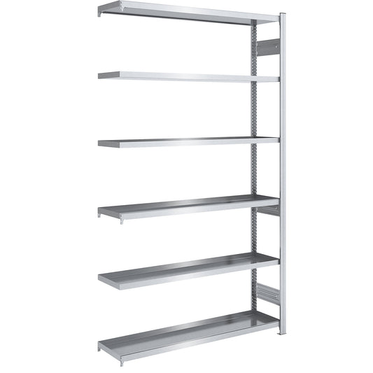 Tray shelf unit, zinc plated steel, double-sided, h 2500 mm, tray WxD 1300 x 400 mm, extension shelf unit.