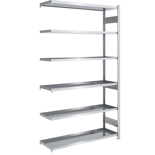 Tray shelf unit, zinc plated steel, double-sided, h 2500 mm, tray WxD 1300 x 500 mm, extension shelf unit.