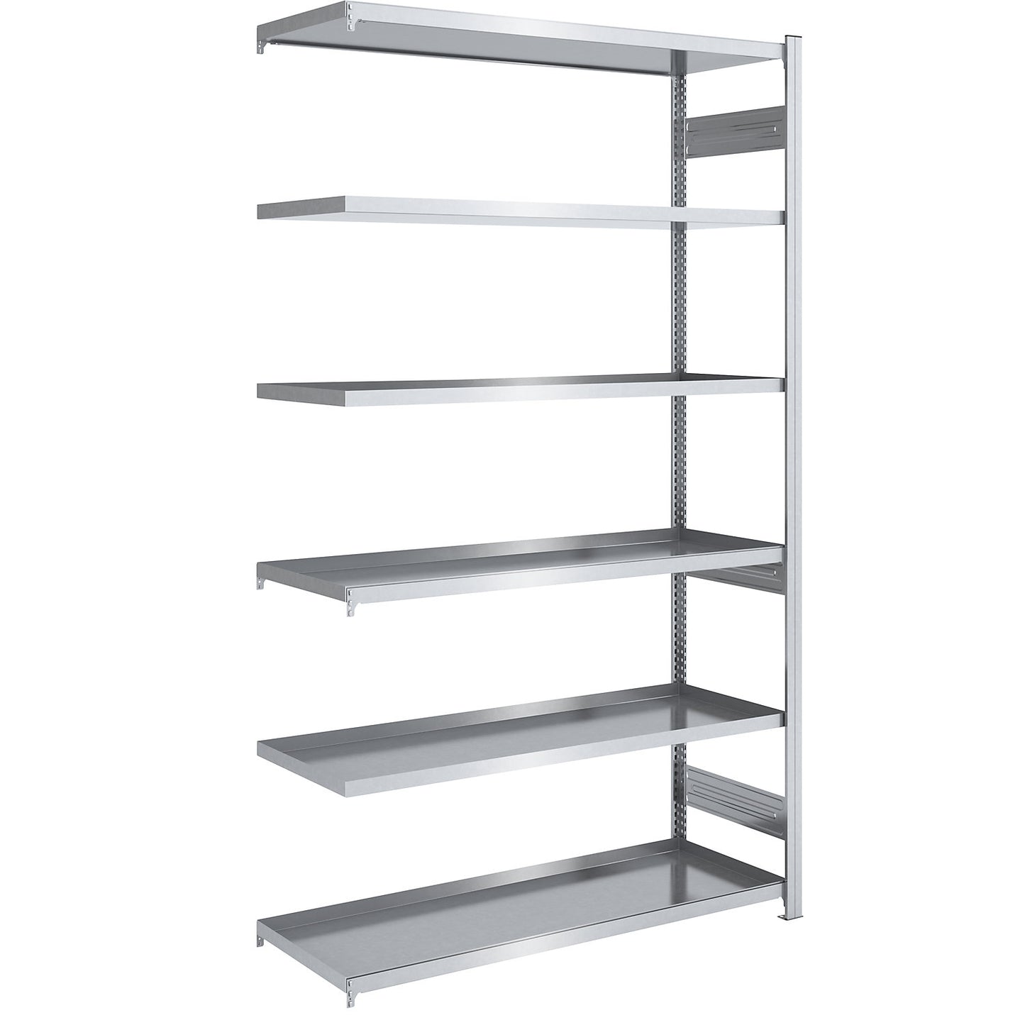 Tray shelf unit, zinc plated steel, double-sided, h 2500 mm, tray WxD 1300 x 600 mm, extension shelf unit.