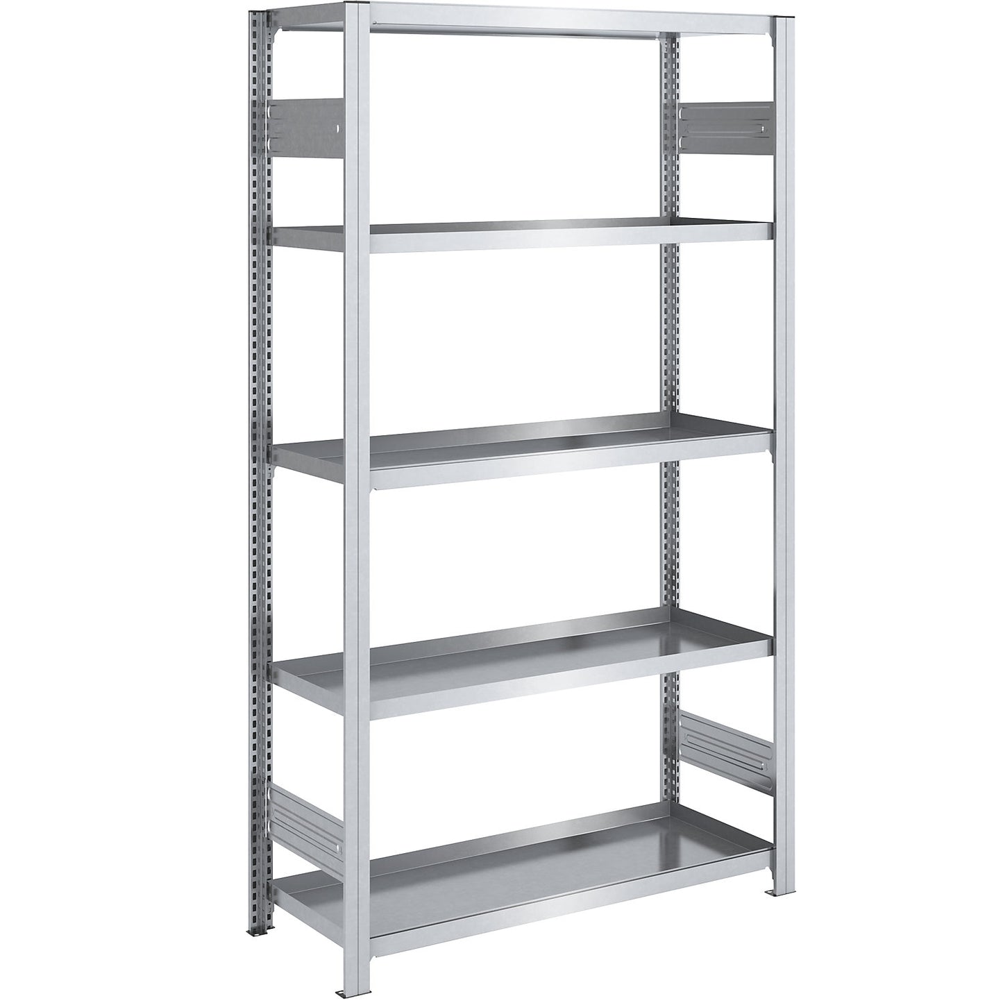 Tray shelf unit, zinc plated steel, double-sided, h 2000 mm, tray WxD 1000 x 500 mm, standard shelf unit.