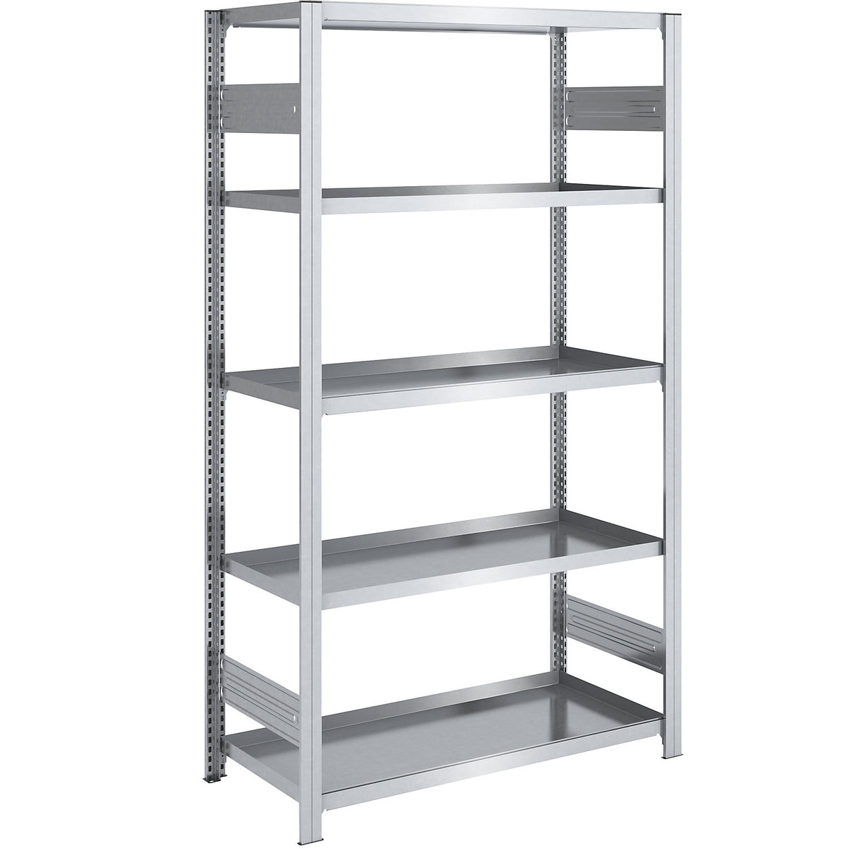 Tray shelf unit, zinc plated steel, double-sided, h 2000 mm, tray WxD 1000 x 600 mm, standard shelf unit.